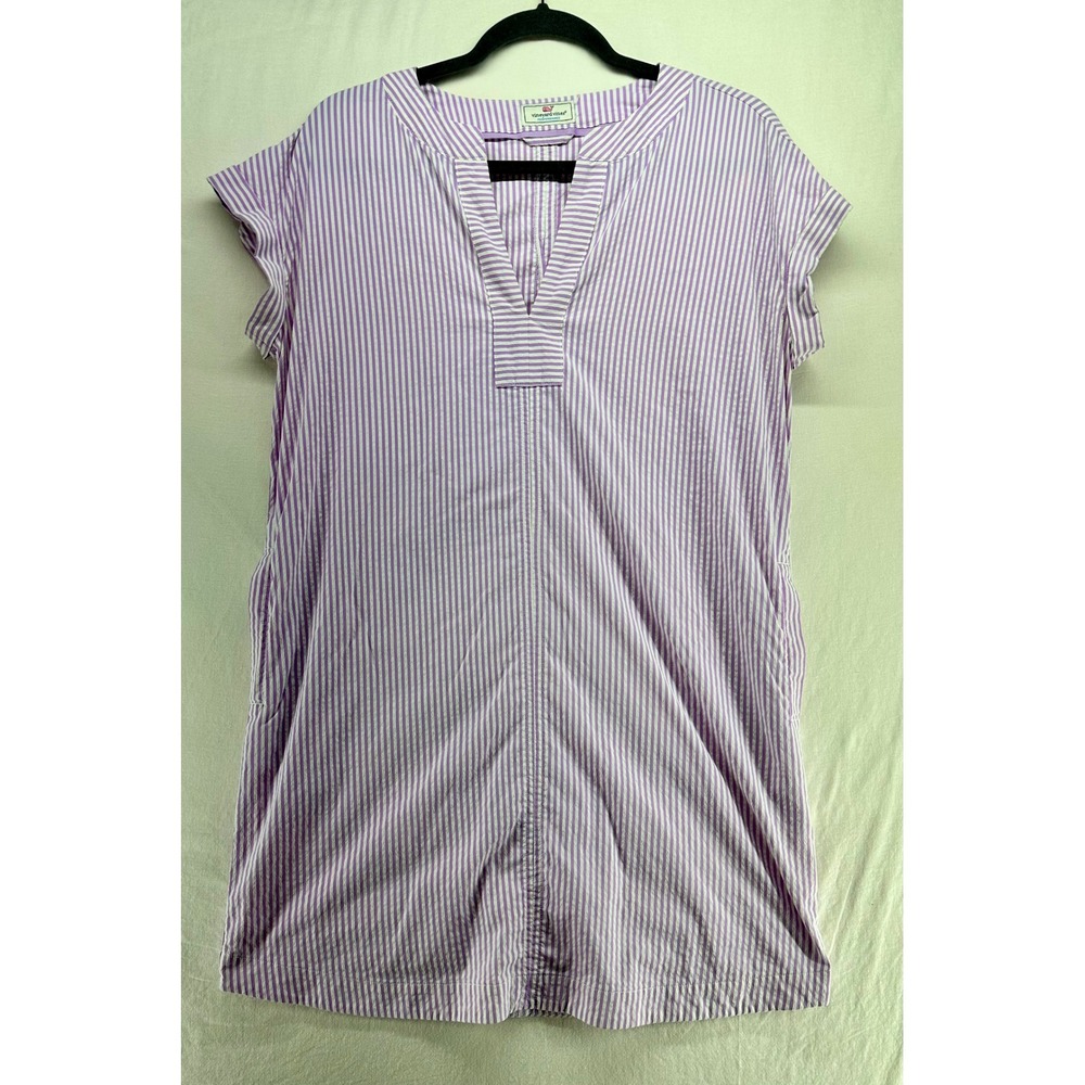 Vineyard Vines Performance Purple White Seersucker Striped Pocket Shift Dress S